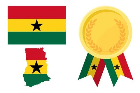 Ghana flag with map and gold medal in set for web and banners or app and game Stock Illustration