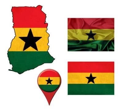 Ghana flag, map and map pointers 스톡 일러스트