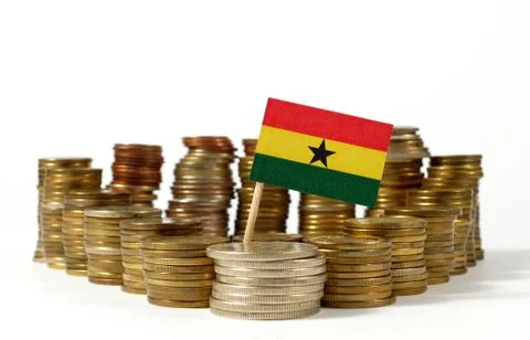 Ghana flag waving with stack of money coins Stock Photos
