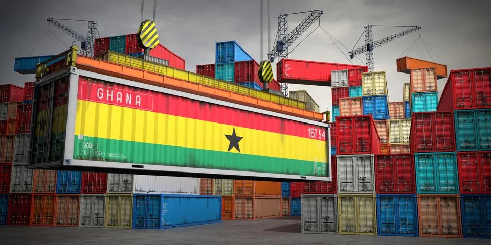 Ghana - freight container in cargo terminal - 3D illustration Stock Illustration