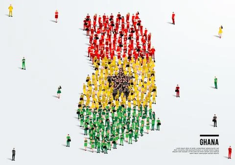 Ghana Map and Flag. A large group of people in the Ghana flag color. Stock Illustration