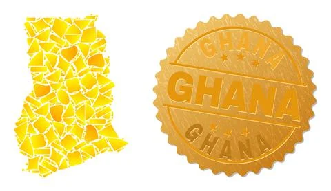 Ghana Map Collage of Golden Elements and Metallic Ghana Seal Illustrazione stock