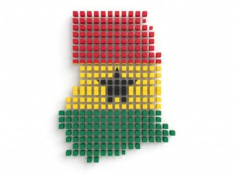 Ghana map featuring black star symbol in 3d pixelated cubes. Ilustración de archivo