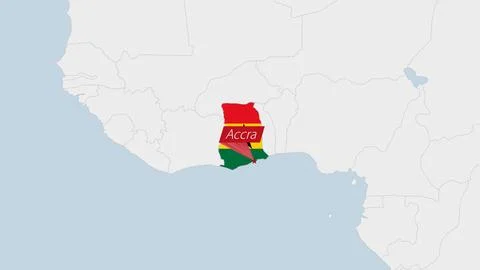Ghana map highlighted in Ghana flag colors and pin of country capital Accra. Stock-Illustration