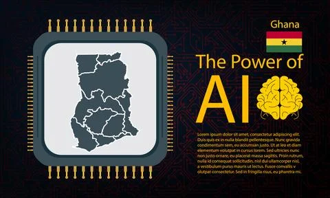 Ghana map with microchip war and AI concept on circuit board, Power of AI w.. Ilustração Stock