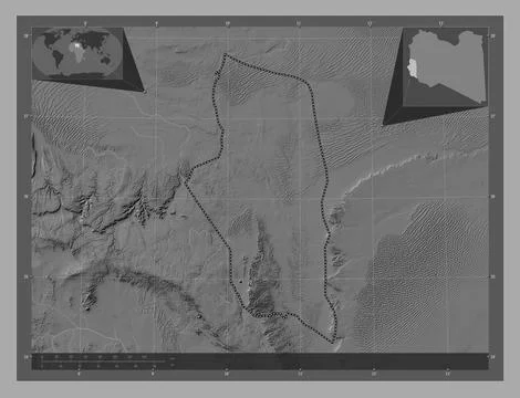 Ghat, Libya. Bilevel elevation map with lakes and rivers Illustrazione stock