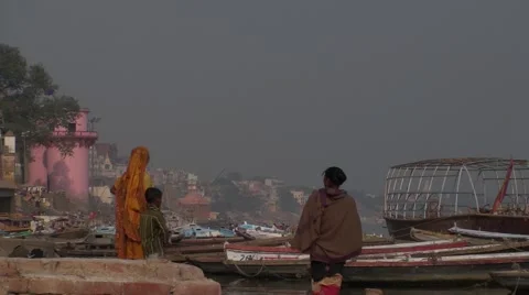 On the ghats of Ganges in India Stock Footage 52023488