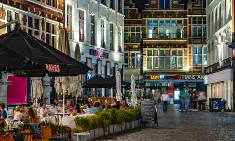 GHENT BELGIUM - AUG 24, 2022: Restaurants in the old town of Ghent, in the Fl Stock Photos