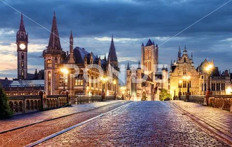 Ghent, Belgium during night, Gent old town Stock Photos