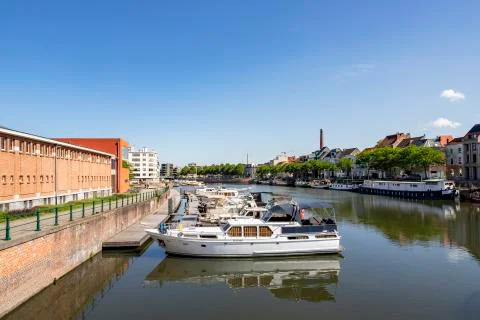Ghent, Belgium - June 19, 2019: Overview of the Portus Ganda marina on a sunny Stock Photos