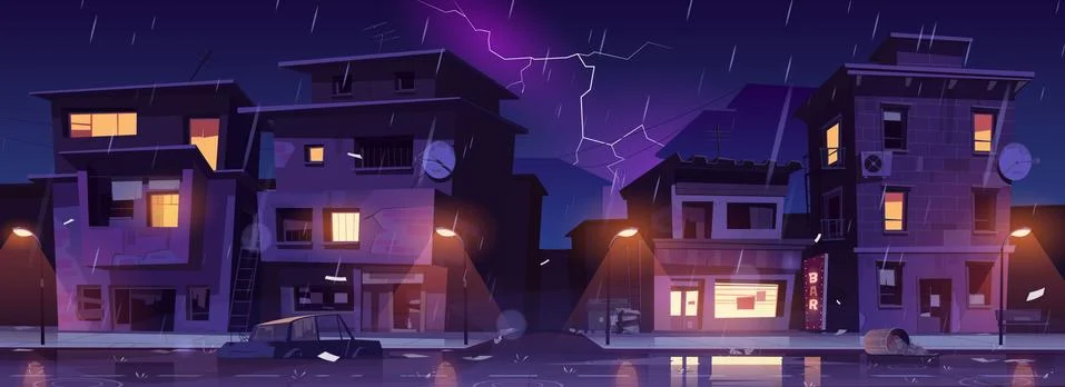 Ghetto street at night rain with lightnings, storm Stock Illustration