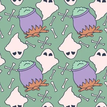 Ghost and cauldron seamless pattern Stock Illustration