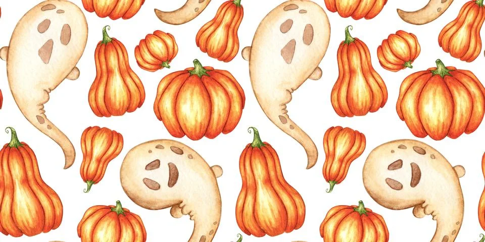 Ghost and orange pumpkins pattern watercolor Stock Illustration