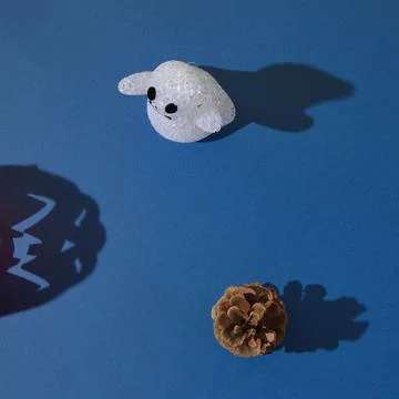Ghost and pine cone with shadows, with a shadow of halloween pumpkin. Stock Photos