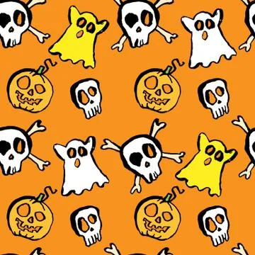 Ghost and skull seamless pattern. Halloween grunge dry brush vector illustration Stockillustratie