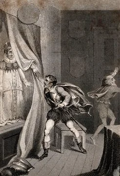 A ghost appearing to two men, one fleeing in terror. Engraving. Stock Illustration