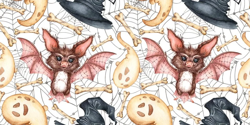 Ghost bat and cobweb pattern watercolor Stock Illustration