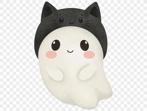 Ghost with black cat hat, cute watercolor Halloween illustration vector. Stock Illustration