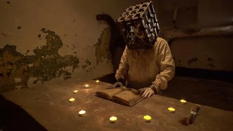 Ghost with cage on his head reading spells next to crucified body in basement Stock Photos