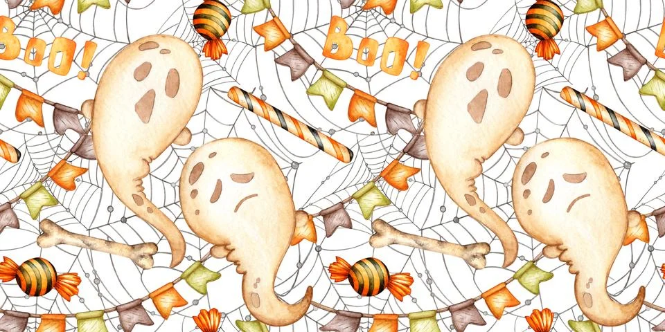 Ghost Candy Garland and Web Pattern Watercolor Stock Illustration