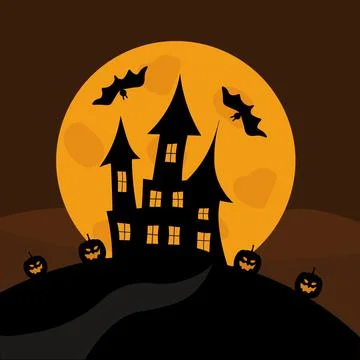 Ghost castle on the background of the full moon. Halloween holiday. Pumpkins and Stock Illustration