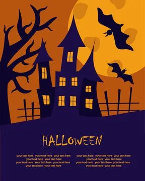 The ghost castle on the background of a large moon and bats. Halloween holiday Stock Illustration