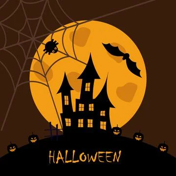 The ghost castle on the background of a large moon surrounded by pumpkins Stock Illustration