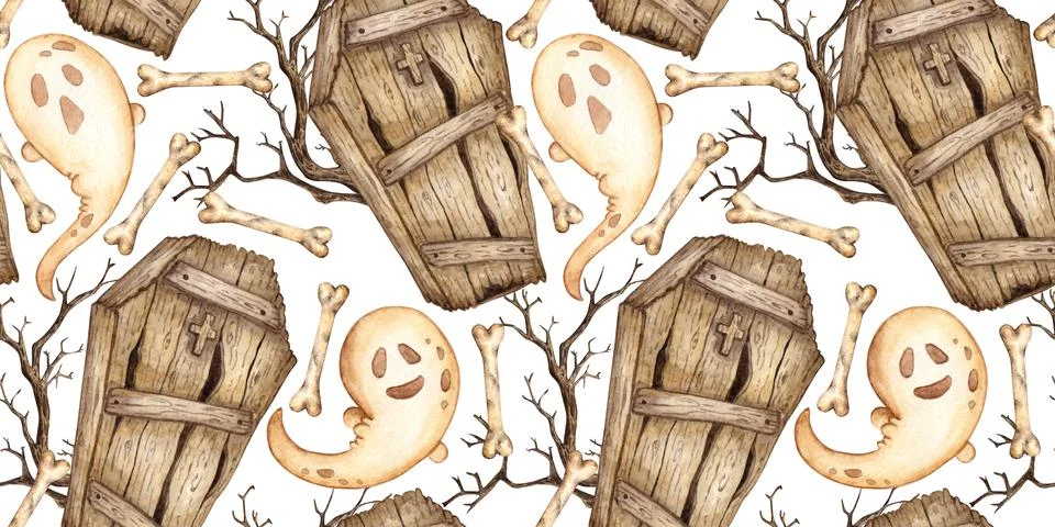 Ghost Coffin and Bones Pattern Watercolor Stock Illustration
