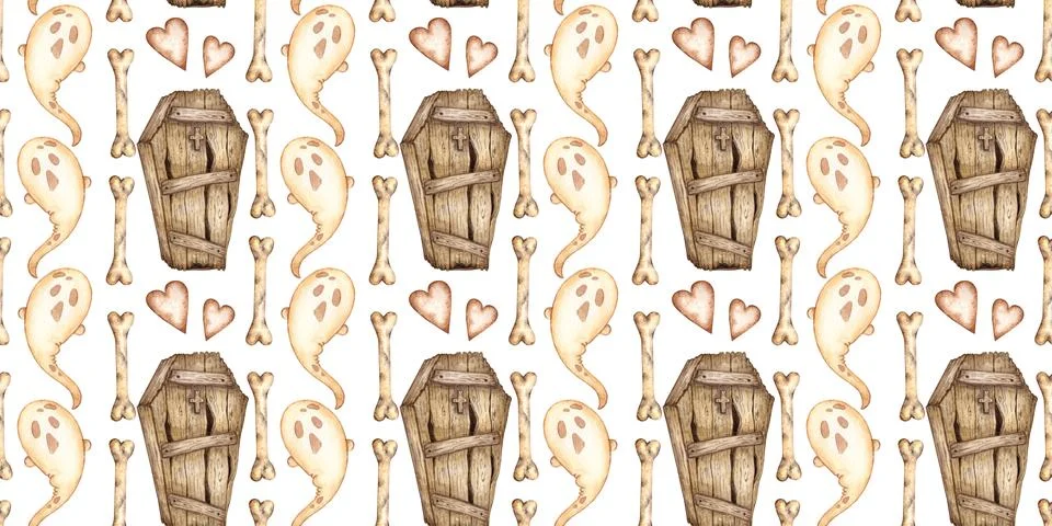 Ghost coffins and bones pattern watercolor Stock Illustration