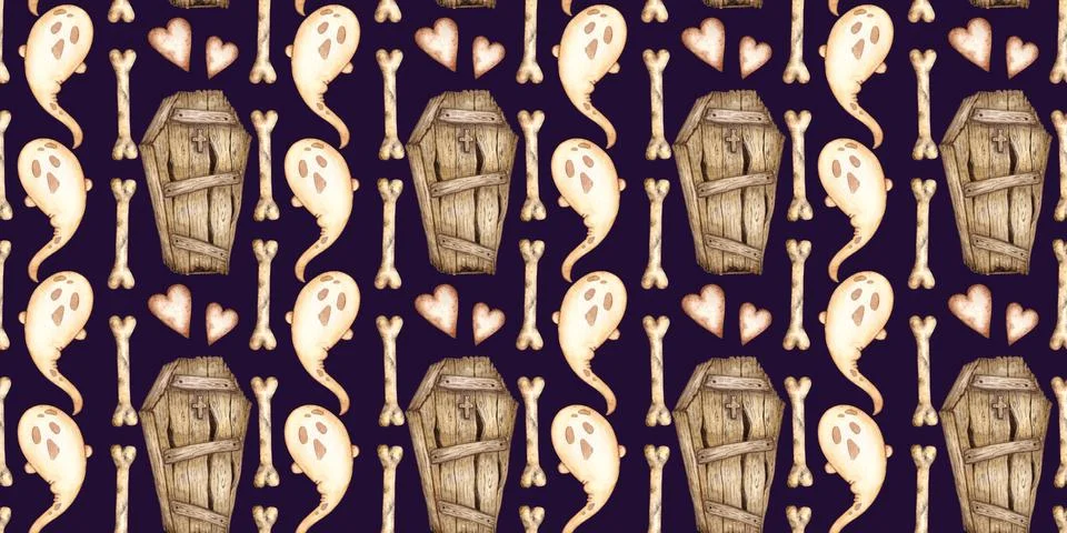 Ghost coffins and bones pattern on blue watercolor Stock Illustration