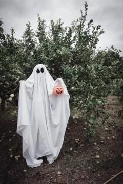 Ghost covered with a white ghost sheet on a forest with halloween pumpkin can Stock Photos
