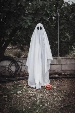 Ghost covered with a white ghost sheet on a forest with halloween pumpkin can Stock Photos