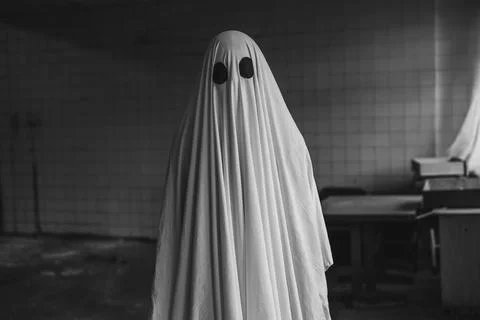 Ghost covered with a white ghost sheet in abandoned house. Halloween Concept Stock Photos