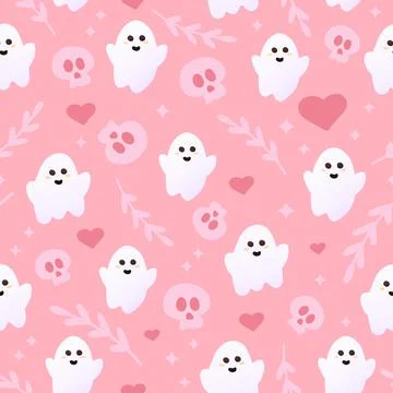 Ghost cute seamless pattern in pink colours with skulls, hearts and leaves Stock Illustration