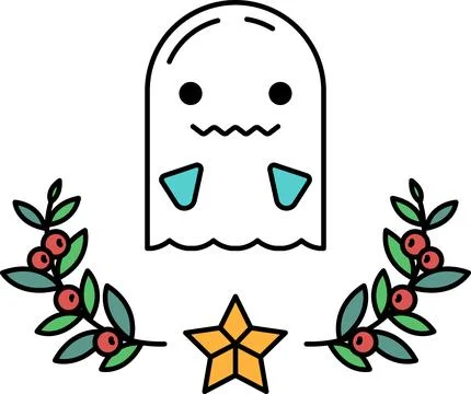 A ghost is drawn in the center of a white background with leaves and berries Stock Illustration