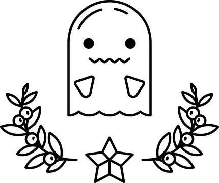 A ghost is drawn in the center of a white background with leaves and berries Stock Illustration