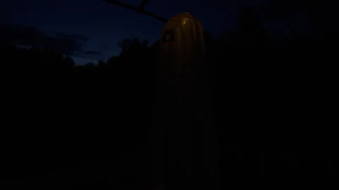 Ghost Figure Standing in Darkness With a Glowing Halloween Pumpkin in the Backgr Stock Footage 337497084