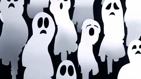 Ghost-like figures with various expressions, spooky animation on dark background Stock Footage 308771639