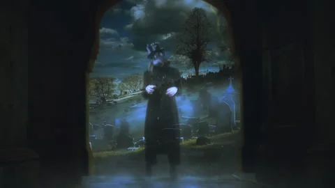 Ghost Floating Haunted Cemetery Gate Eerie Masked Figure Graveyard Zoom In Stock Footage 244857411