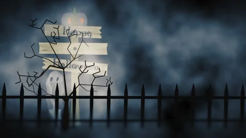 Ghost floats around trick or treat rickey old broken wooden signpost in foggy Video stock 344690105