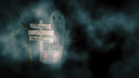Ghost floats around trick or treat rickey old broken wooden signpost in foggy Stock Footage 345159571