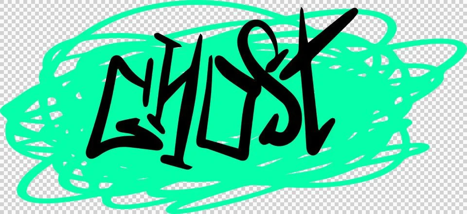 GHOST graffiti text floating over turquoise green scribble on transparent Ilustração Stock