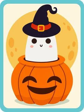 Ghost in a hat and a pumpkin. Halloween card. Vector illustration イラスト素材