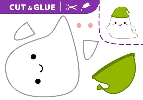 Ghost in hat. Squishmallow. Cut and glue. Applique. Paper game. Ghost. Kawaii Illustrazione stock