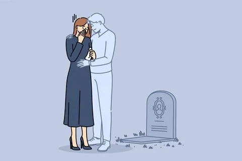 Ghost of husband supports widow crying at grave of deceased groom and suffering Ilustração Stock