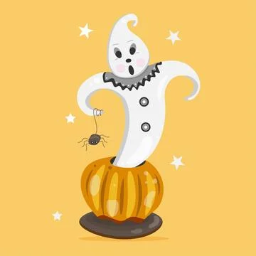 Ghost illustration with spider and pumpkin, halloween Stock Illustration