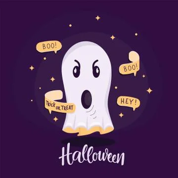 Ghost illustration with text bubble, message, handwritten sign Halloween. Vector Illustrazione stock