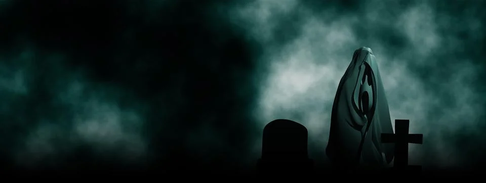 Ghost in lonely graveyard with dark clouds background Stock Illustration