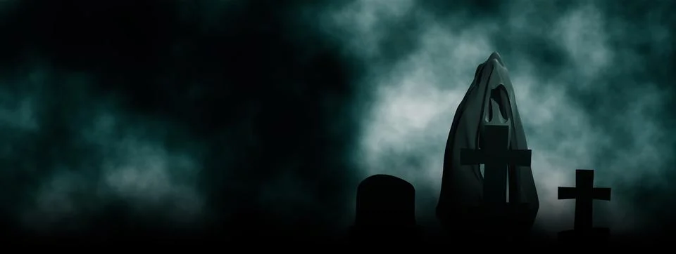Ghost in lonely graveyard with dark clouds background イラスト素材