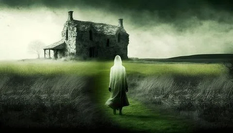 A ghost with a long white veil in a field, standing outside a dilapidated h.. Stock Illustration